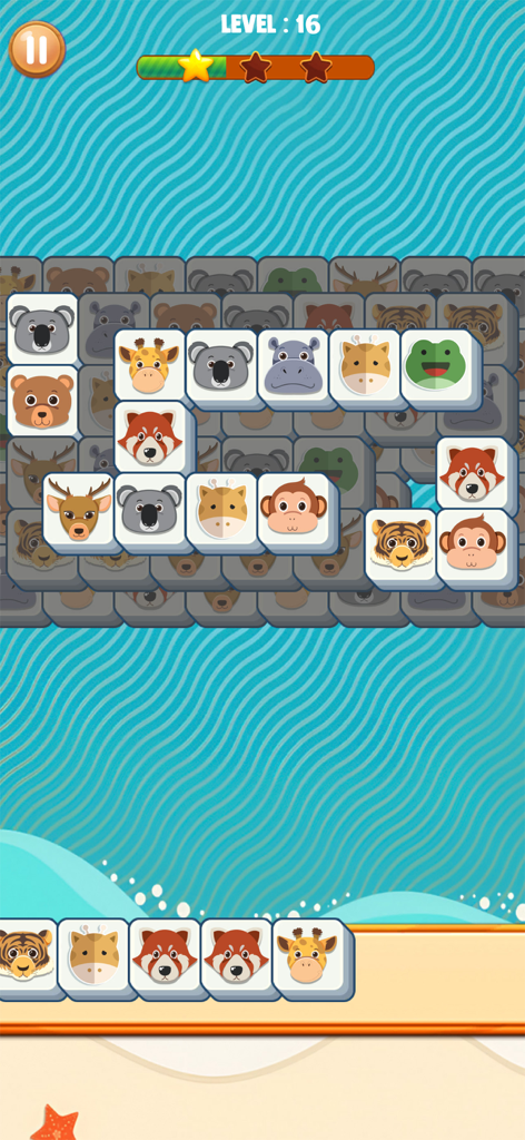 Gameplay of Tap and Park Tile Match Puzzle featuring animal face tiles and a parking inventory at the bottom