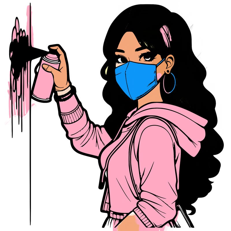 realistic girl with mask spray painting a wall