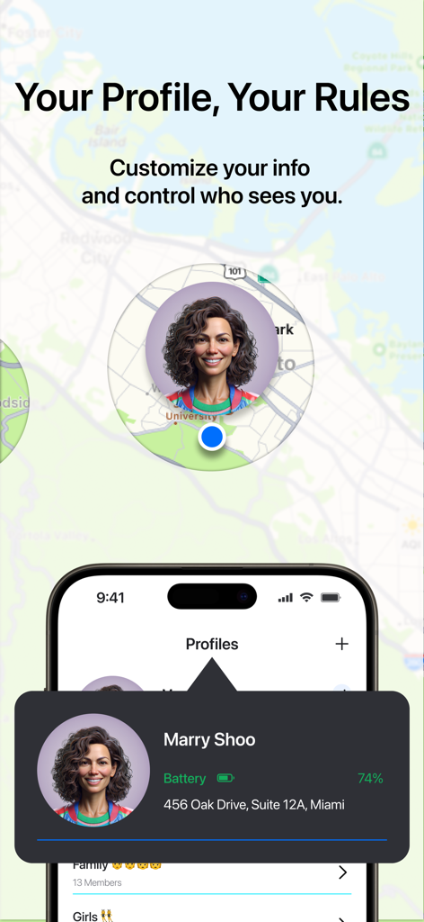 Phone Tracker by Number aрp - 「電話番号で追跡」アプリで、リアルタイム位置情報やバッテリー残量を含むユーザープロフィールの詳細が表示されているスマートフォンの画面。