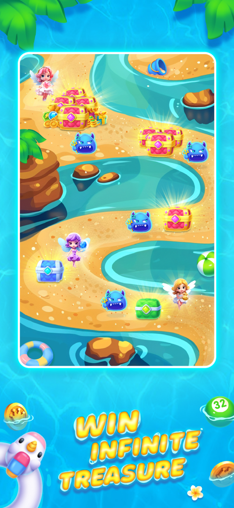 Bingo Island-Fun Family Bingo - 妖精、宝箱、青いモンスターが登場する、ビンゴアイランドのカラフルなビーチレベルマップ。