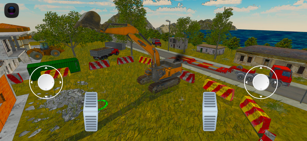 Excavator Simulator REMAKE gameplay showing an orange excavator on a construction site with on-screen touch controls