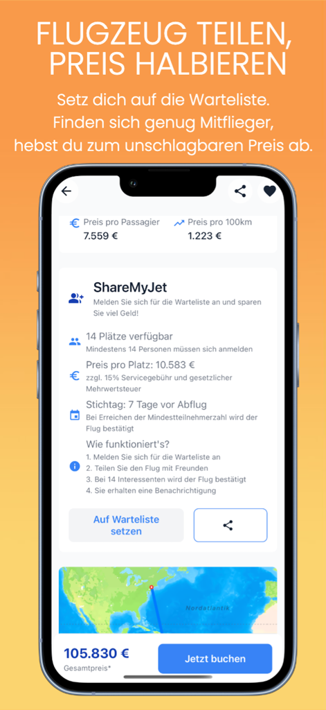 PrivJet mobile app screen showing private jet flight sharing and waitlist options