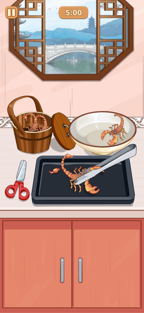 Scorpion preparation in a cozy kitchen with a scenic traditional window view in Cookzii