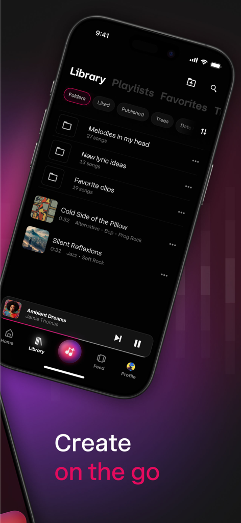 Udio-App-Musikbibliothek-Oberfläche auf einem iPhone, die Songordner und Tracks anzeigt