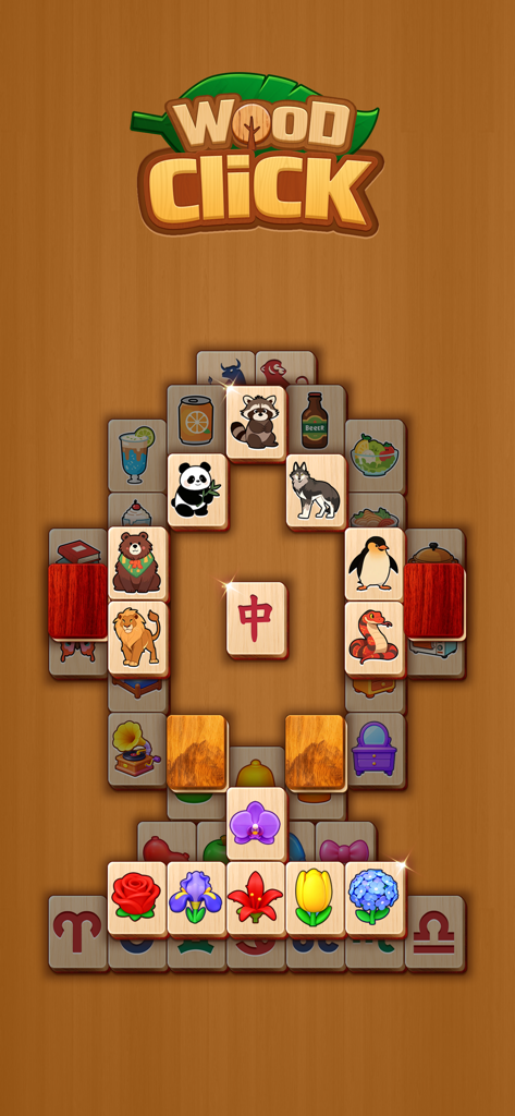 Click Wood - Interface de jogo do Click Wood mostrando peças de mahjong de madeira com animais e flores