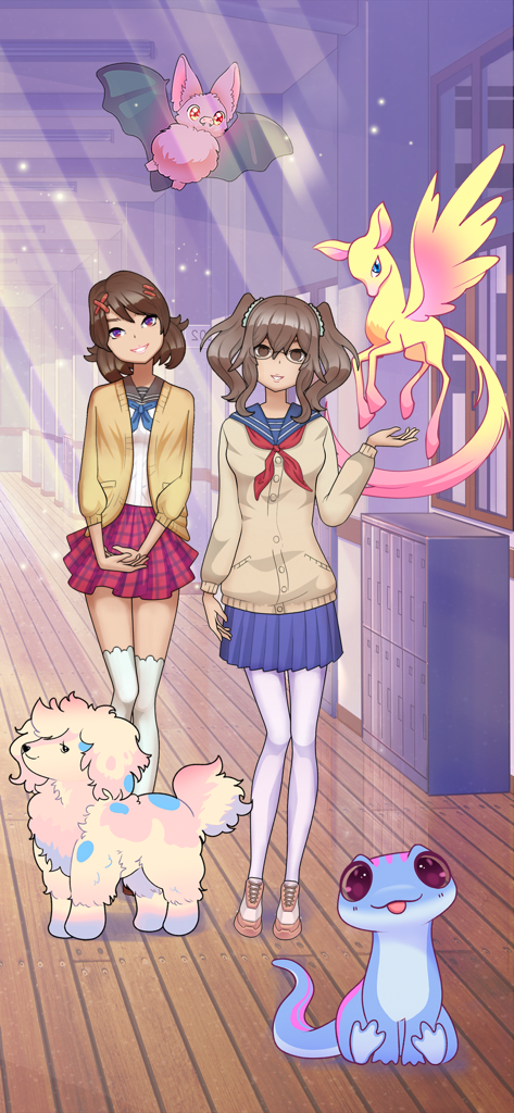 Anime Dress Up Games: Moe Doll - Dos chicas de anime con uniformes escolares paradas en un pasillo de escuela con mascotas de fantasía coloridas