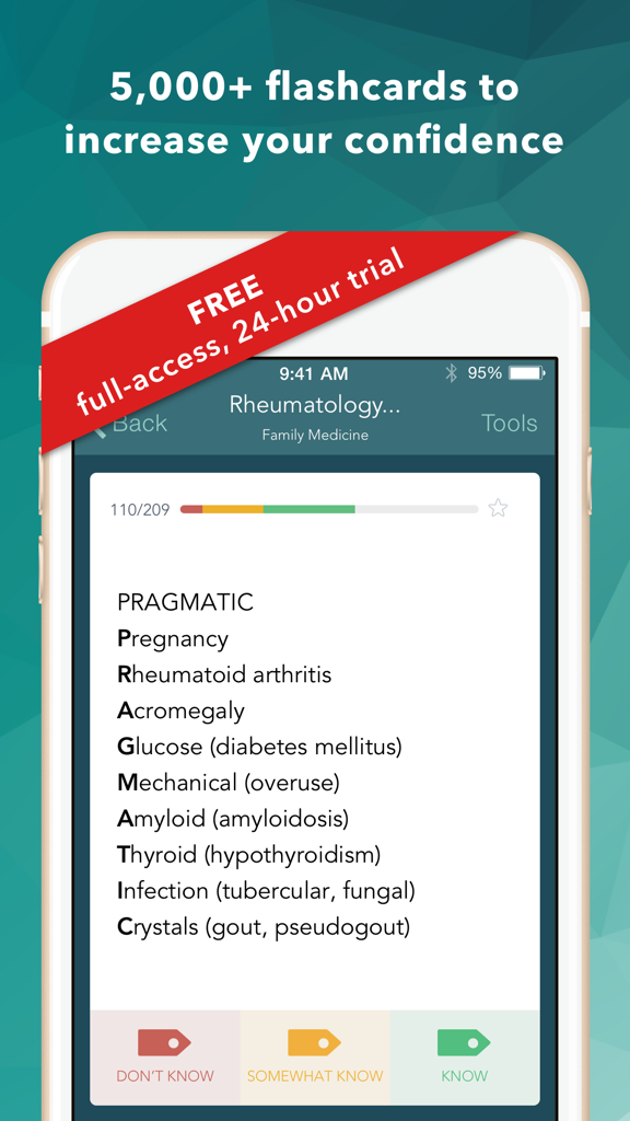 A medical flashcard in the Family Medicine Board Review app displaying a PRAGMATIC mnemonic for rheumatology conditions.
