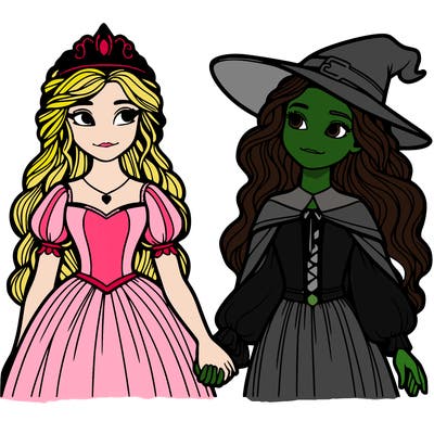 a princess and a witch holding hands realistic