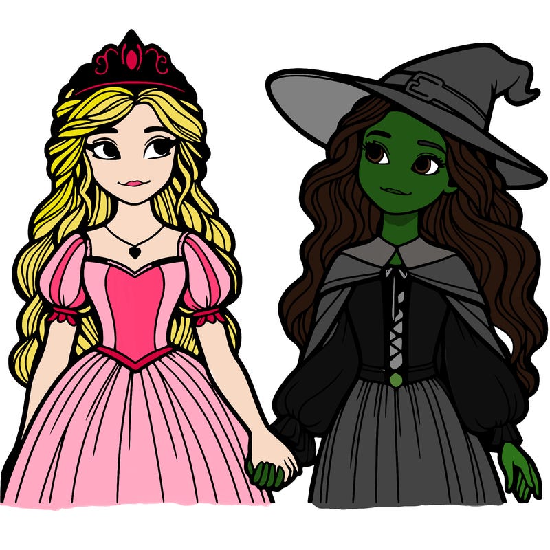 a princess and a witch holding hands realistic