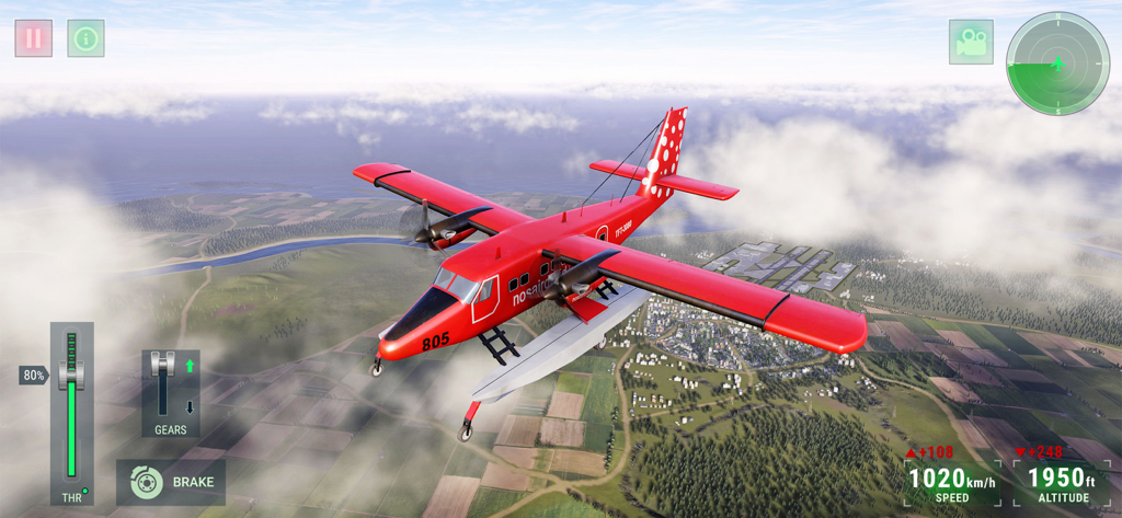 A red sea plane flying over a rural landscape in Flight Simulator 2025 mobile game.