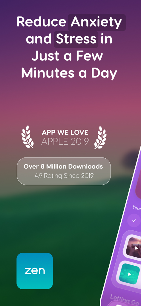 Zen Guided Meditation and Sleep app screen promoting anxiety relief and stress reduction.