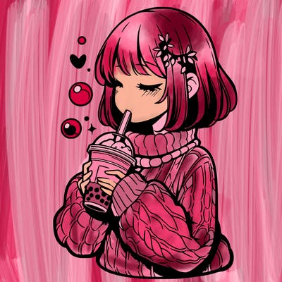 manga girl drinking boba in cozy sweater