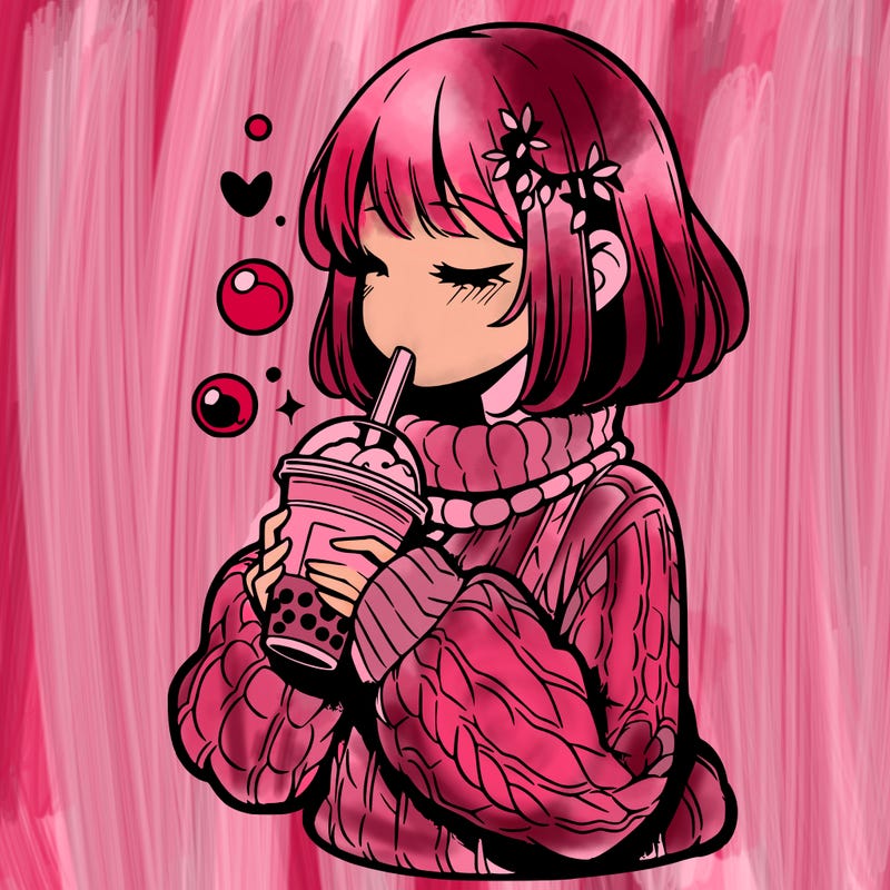 manga girl drinking boba in cozy sweater