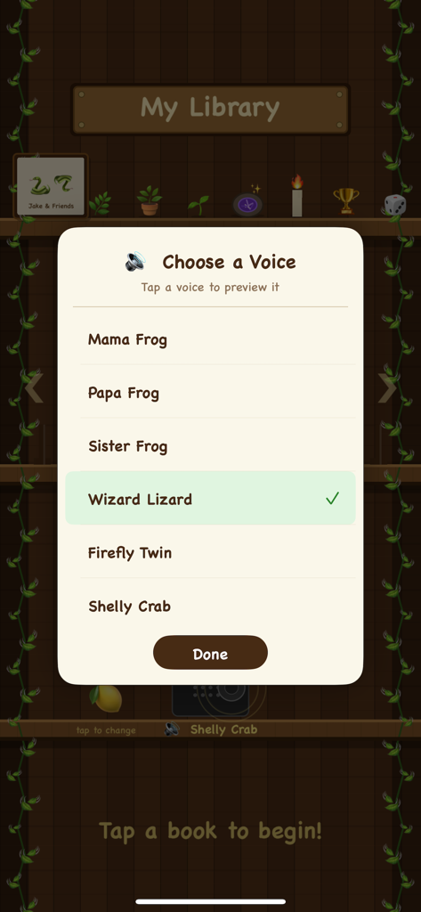 JTS Typing Game - The voice selection menu in the JTS Typing Game app showing character narration options like Wizard Lizard and Mama Frog