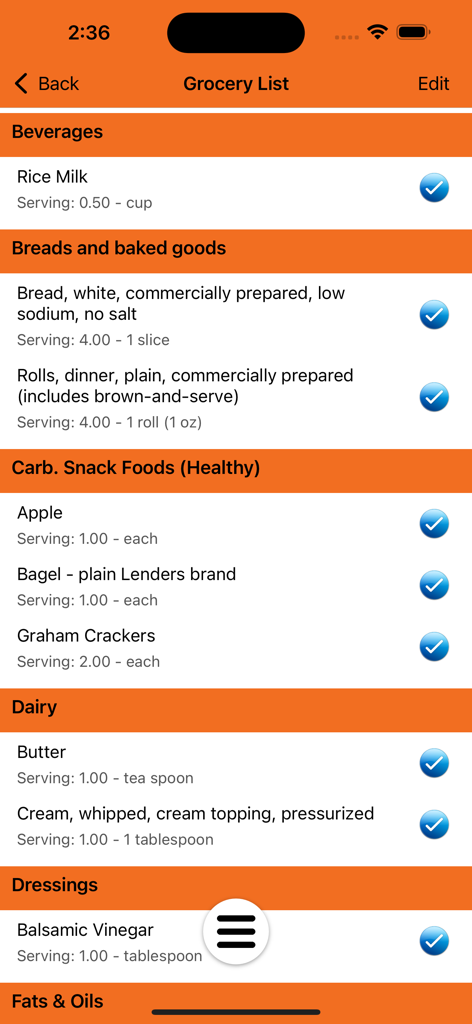 REPTS+ - Screenshot der REPTS plus mobilen App mit der Funktion für Einkaufslisten für eine gesunde Mahlzeitenplanung