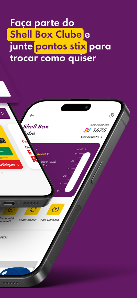 Interface do app Shell Box mostrando pontos de fidelidade e níveis de recompensa para o programa Shell Box Clube