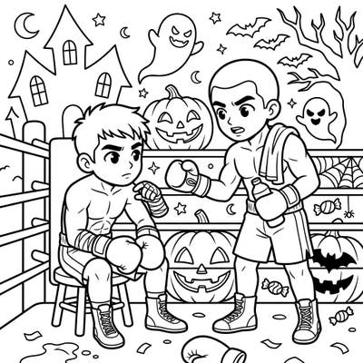 Get ready for a unique Halloween challenge with this exciting coloring page featuring two cartoon boxers taking a break in a spooky boxing ring. Surrounded by friendly ghosts and grinning jack-o'-lanterns, this scene offers a delightful blend of sports action and festive frights.
