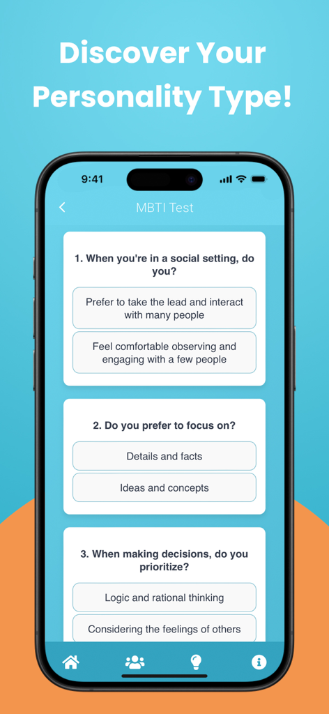 MyMBTI - Personality Test - Smartphone screen showing MyMBTI personality test questionnaire with multiple choice options