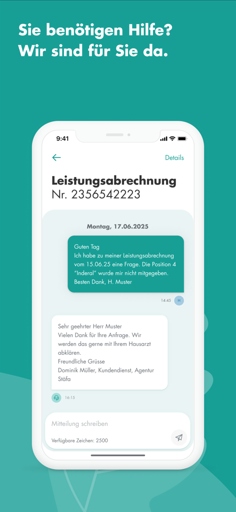Secure in-app customer service messaging interface for mySWICA health insurance inquiries.