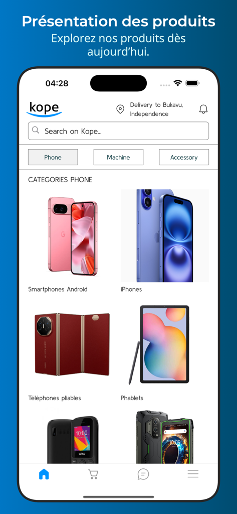 Kope - Interfaccia dell'app di shopping Kope che mostra varie categorie di smartphone come Android, iPhone e telefoni pieghevoli.