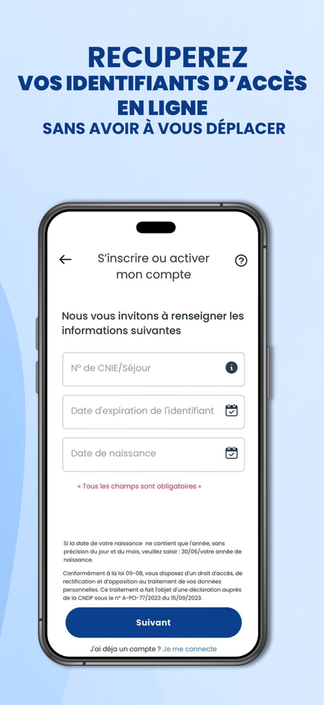 Account registration and activation screen of the Ma CNSS mobile app for Moroccan social security services.