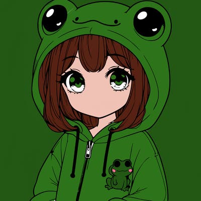 cute realistic girl in a froggy hoodie