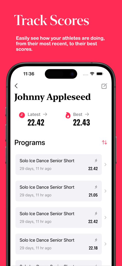 Skates: Technical Specialist - Mobile app screen showing figure skating score tracking for an athlete including latest and best scores