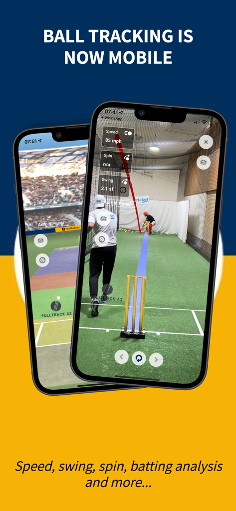 Mobile interface of Fulltrack AI showing cricket ball tracking speed and 3D trajectory analysis