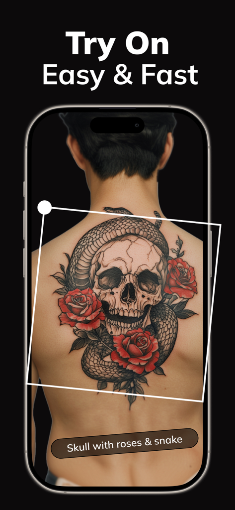 AI Tattoo Design Generator Ink - Virtual tattoo try on feature showing a skull with roses and snake design on a back