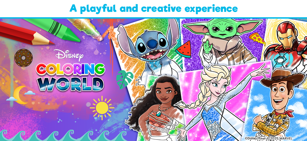 A collage showing popular Disney and Marvel characters like Elsa Stitch and Iron Man in the Disney Coloring World app