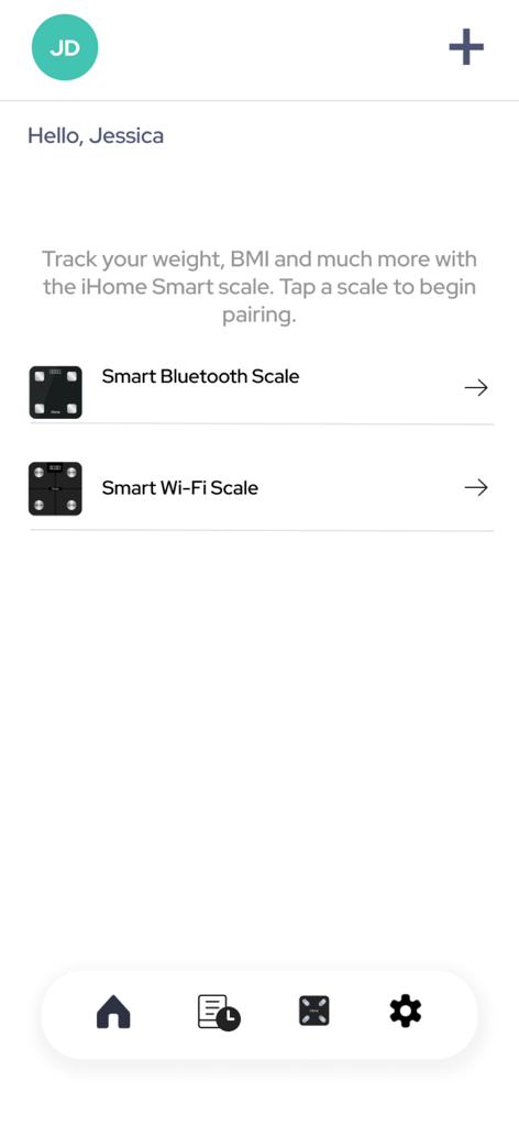 iHome Fitness and Health app screen showing pairing options for Smart Bluetooth and Wi-Fi scales