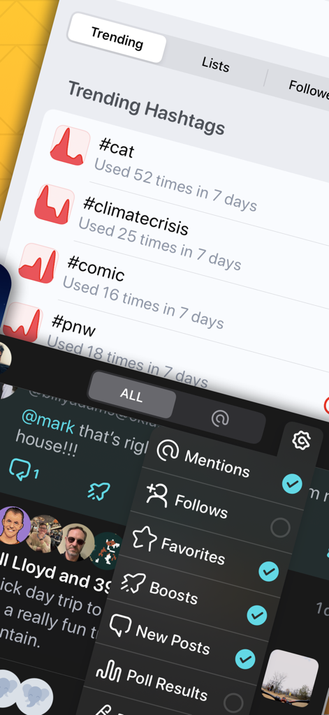 Ivory for Mastodon by Tapbots - Interface of Ivory for Mastodon showing trending hashtags and a customizable notification filter menu.