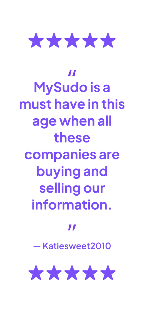 Five-star user review for MySudo app by Katiesweet2010 stating it is a must have for protecting personal information