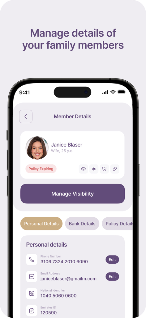 個人情報とポリシーの詳細が表示されたAlmadallahの家族メンバー管理のモバイルアプリ画面