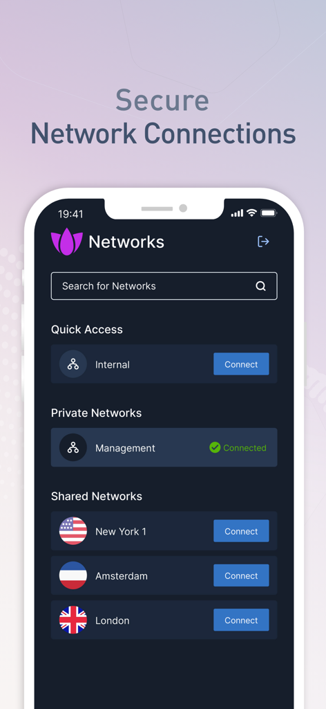Harmony SASE mobile app interface displaying secure private and shared network connections