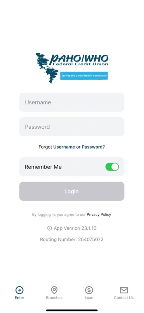 PAHO WHO Federal Credit Union - Login screen of the PAHO WHO Federal Credit Union mobile app with fields for username and password