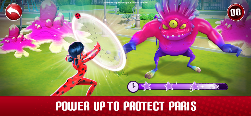 Ladybug using her magical yo-yo to fight a pink monster in a Paris park