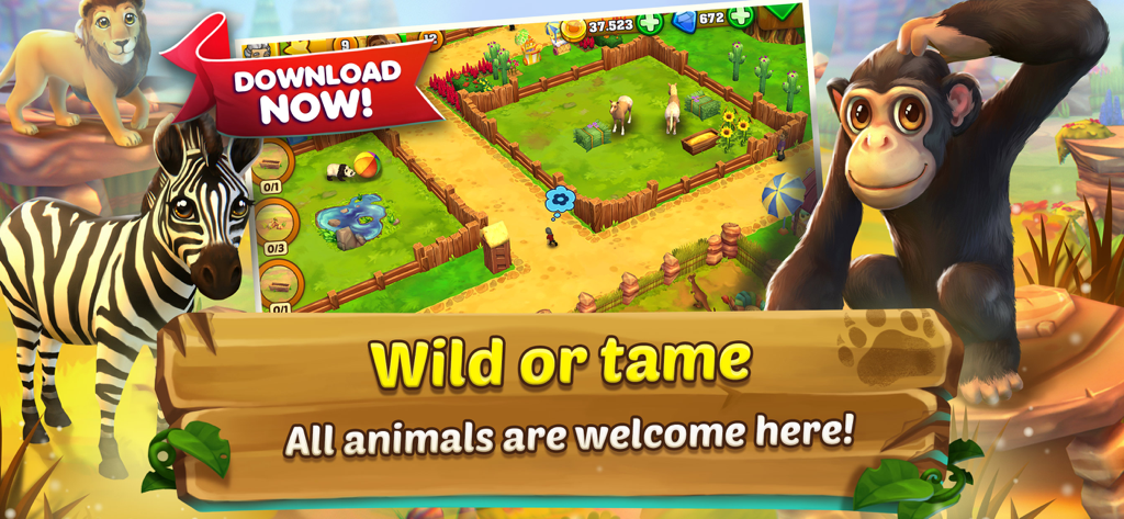 3D gameplay of Zoo 2 Animal Park showing a zebra and chimpanzee in a vibrant zoo setting