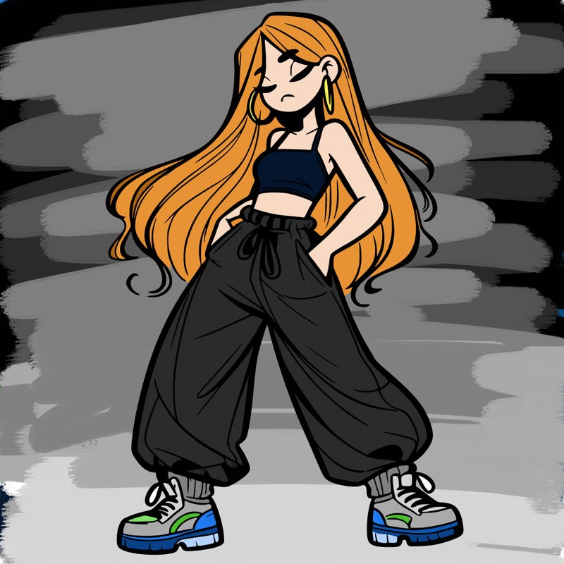 girl in baggy pants crop top and long hair