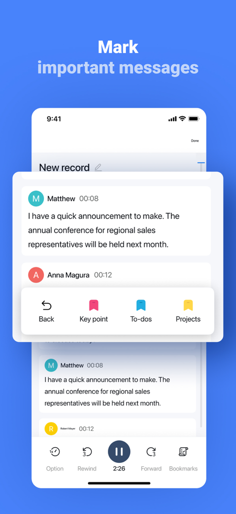 Interface of Notta app showing a transcription with bookmarking options for key points and to-dos