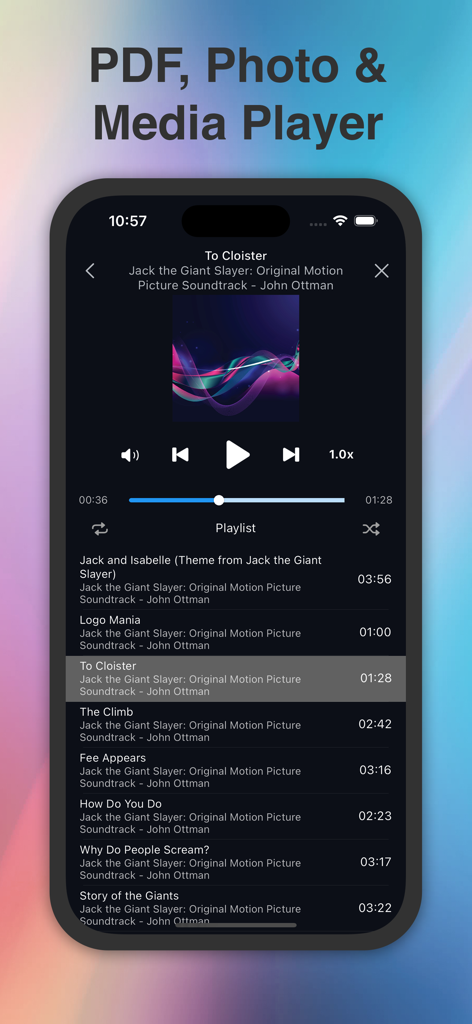 Phone Drive Pro: File Sync - Phone Drive Pro app interface showing the built-in audio player with playlist and playback controls on an iPhone
