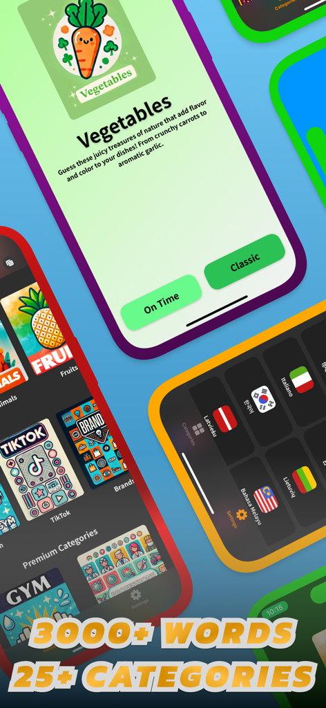 Who Am I? - Guess The Word! - Interfaz de la aplicación ¿Quién Soy? Adivina la Palabra que muestra varias categorías de palabras y opciones de selección de idioma.