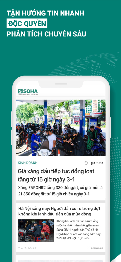 Soha.vn mobile app interface displaying latest news in Vietnamese