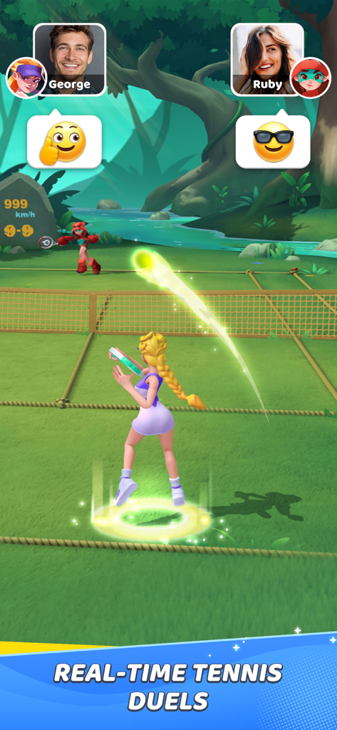 Extreme Tennis - Real-time 1v1 tennis match in a colorful forest court with stylized characters