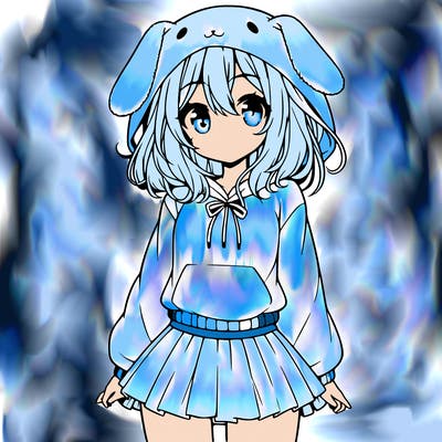 pretty anime girl wearing a fluffy hoodie with bunny ears on the hood and a skirt