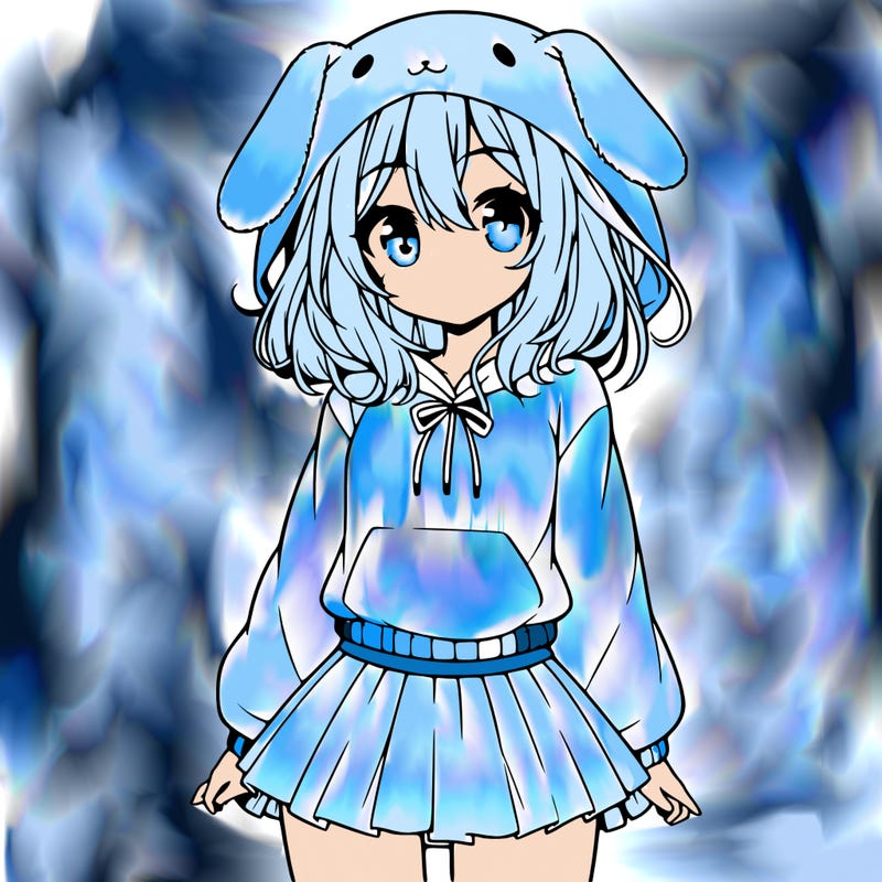 pretty anime girl wearing a fluffy hoodie with bunny ears on the hood and a skirt