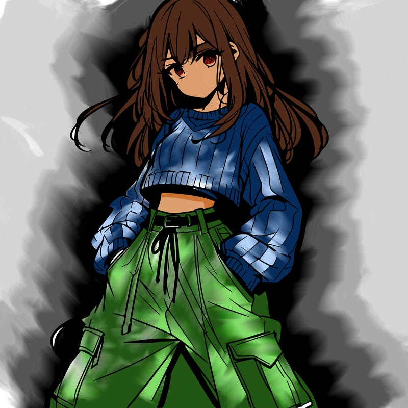 anime teen girl with baggy pants and crop top with sweater
