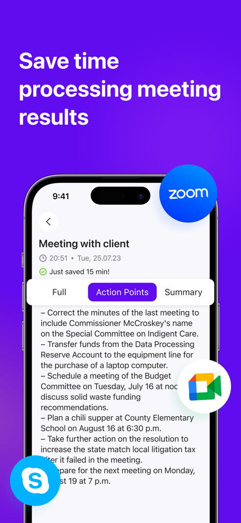 Sum AI: Speech to Text Notes - Sum AI app interface showing extracted action points from a recorded meeting with Zoom and Google Meet icons