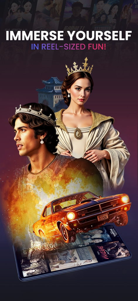Promotional graphic for DashReels featuring royal characters and an action car jumping from a smartphone screen.