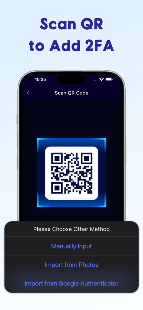 Interfaccia dell'app Authenticator che mostra uno scanner di codici QR e opzioni di importazione per la configurazione 2FA.